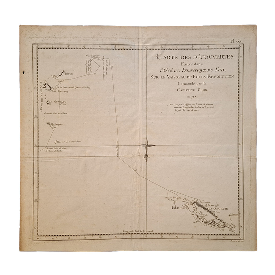 CARTE DES DÉCOUVERTES FAITES DANS L'OCÉAN ATLANTIQUE DU SUD SUR LE VAISSEAU DU ROI LA RÉSOLUTION COMMANDÉ PAR LE CAPITAINE COOK EN 1775: PLATE 63 1 CARTE DES DÉCOUVERTES FAITES DANS L'OCÉAN ATLANTIQUE DU SUD SUR LE VAISSEAU DU ROI LA RÉSOLUTION COMMANDÉ PAR LE CAPITAINE COOK EN 1775: PLATE 63