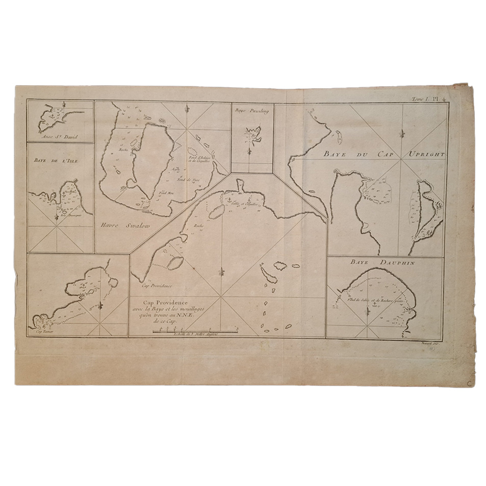 CAP PROVIDENCE AVEC LA BAYE ET LES MOUILLAGES QU'ON TROUVE AU N.N.E. DE CE CAP - ANSE ST DAVID - BAYE DE L'ISLE - CAP TAMER - HAVRE SWALOW - BAYE PUZZLING - BAYE DU CAP UPRIGHT - BAYE DAUPHIN - TOME I - PLATE 4 1 CAP PROVIDENCE AVEC LA BAYE ET LES MOUILLAGES QU'ON TROUVE AU N.N.E. DE CE CAP - ANSE ST DAVID - BAYE DE L'ISLE - CAP TAMER - HAVRE SWALOW - BAYE PUZZLING - BAYE DU CAP UPRIGHT - BAYE DAUPHIN - TOME I - PLATE 4