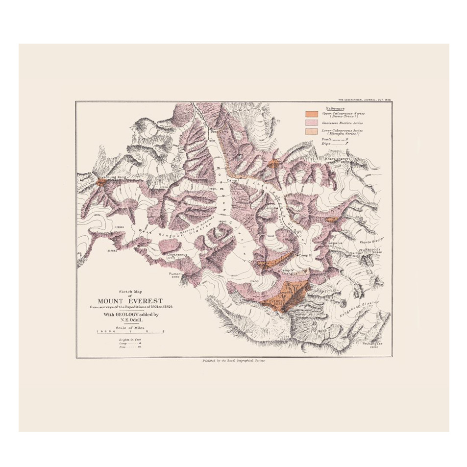 Sketch Map Of Mount Everest From Surveys Of The Expeditions Of 1921 And 1924 With Geology Added By N E Odell - Digital Print - 59.4mm x 534mm 1 Sketch Map Of Mount Everest From Surveys Of The Expeditions Of 1921 And 1924 With Geology Added By N E Odell - Digital Print - 59.4mm x 534mm