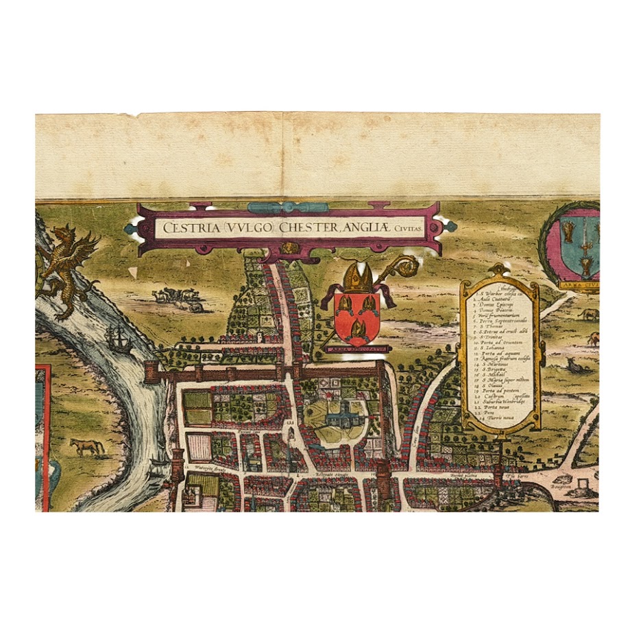 Cestria Vulgo Chester Angliae Civitas — Braun & Hogenberg — Hand-Coloured Engraved Town Plan of Chester — Circa 1580s 7 Cestria Vulgo Chester Angliae Civitas - c.1588 - Georg Braun & Frans Hogenberg