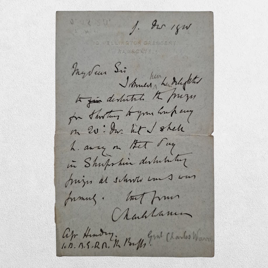 Autograph Letter Signed ("Charles Warren") to Hendry of the 1st Battalion, The Buffs - 1st December 1901 1 Autograph Letter Signed ("Charles Warren") to Hendry of the 1st Battalion, The Buffs - 1st December 1901