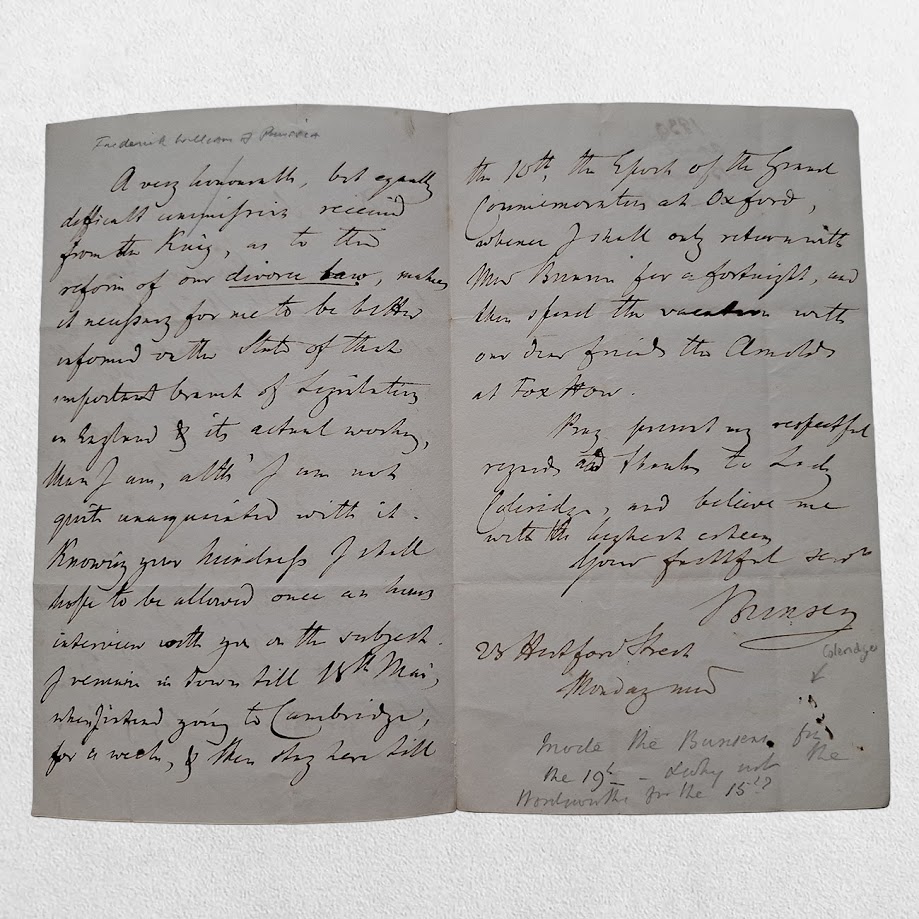 Autograph Letter Signed ("Bunsen") to Sir John Taylor Coleridge, 28 Hertford Street, London - c. 1840s–1850s) 2 Autograph Letter Signed ("Bunsen") to Sir John Taylor Coleridge, 28 Hertford Street, London - c. 1840s–1850s)