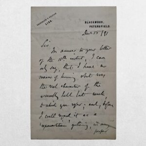 Autograph Letter Signed ("Selborne") concerning agricultural labourers, landlords and the rural clergy - Blackmoor, Petersfield - 15 December 1891
