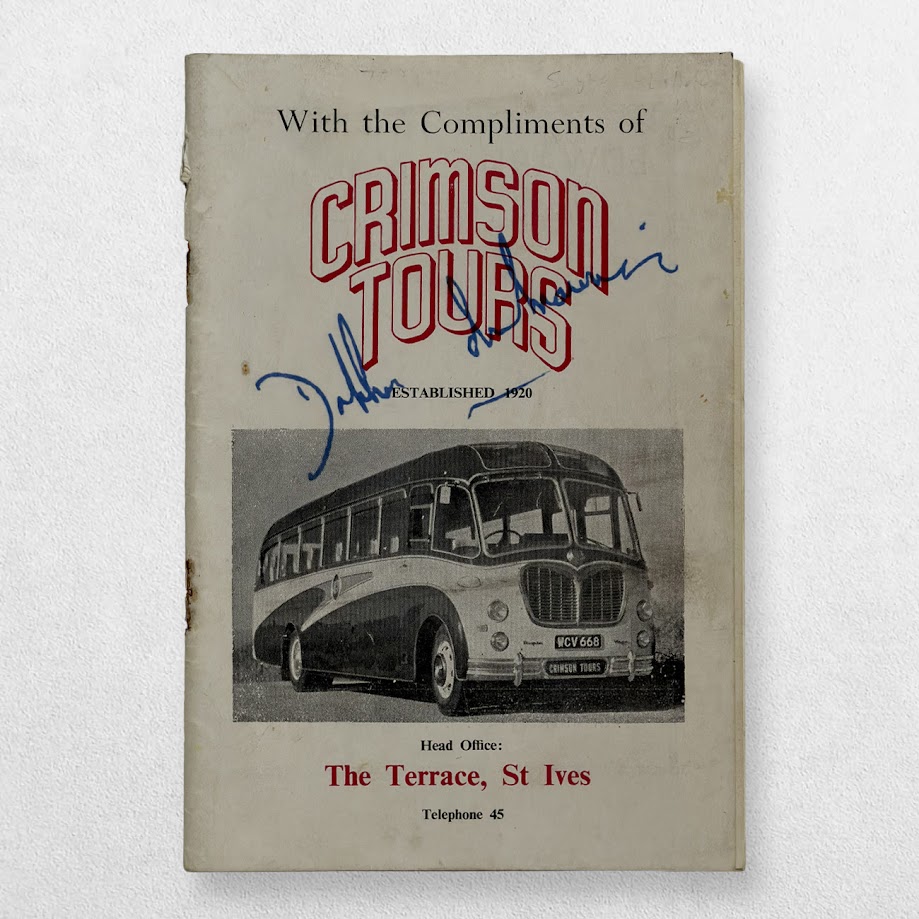 CRIMSON TOURS, ST IVES, CORNWALL - SIGNED BY DAPHNE DU MAURIER - ILLUSTRATED MOTOR COACH TOUR BROCHURE ISSUED BY THE LONG-ESTABLISHED CORNISH TRANSPORT COMPANY - c.1950s 1 CRIMSON TOURS, ST IVES, CORNWALL - SIGNED BY DAPHNE DU MAURIER - ILLUSTRATED MOTOR COACH TOUR BROCHURE ISSUED BY THE LONG-ESTABLISHED CORNISH TRANSPORT COMPANY - c.1950s