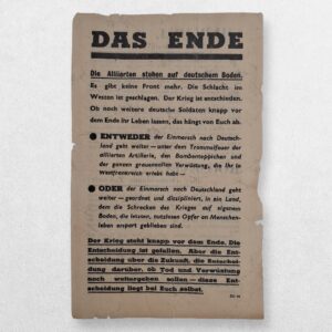 DAS END - Allied Air-Dropped Propaganda Leaflet for German Troops, ZG 64, 1945 - Churchill and Roosevelt on Germany’s Future - Provenance: Robert Hastings; The Churchill Collection of Steve Forbes.
