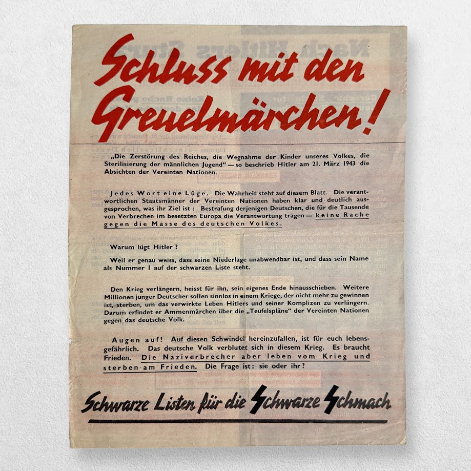 Schluss mit den Greuelmärchen! / Schwarze Listen für die Schwarze Schmach - Allied Anti-Nazi Propaganda Leaflet, G.17, c.1943 - Provenance: Robert Hastings; The Churchill Collection of Steve Forbes. 1 Schluss mit den Greuelmärchen! / Schwarze Listen für die Schwarze Schmach - Allied Anti-Nazi Propaganda Leaflet, G.17, c.1943 - Provenance: Robert Hastings; The Churchill Collection of Steve Forbes.