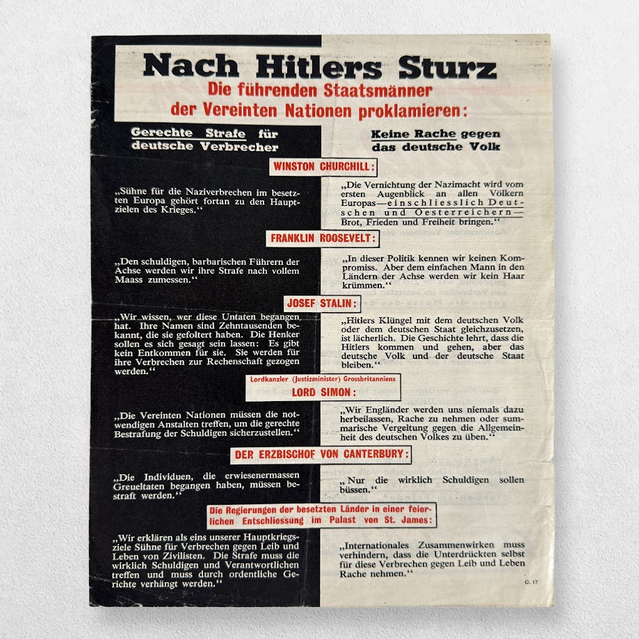 Schluss mit den Greuelmärchen! / Schwarze Listen für die Schwarze Schmach - Allied Anti-Nazi Propaganda Leaflet, G.17, c.1943 - Provenance: Robert Hastings; The Churchill Collection of Steve Forbes. 2 Schluss mit den Greuelmärchen! / Schwarze Listen für die Schwarze Schmach - Allied Anti-Nazi Propaganda Leaflet, G.17, c.1943 - Provenance: Robert Hastings; The Churchill Collection of Steve Forbes.