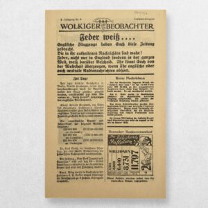 Wolkiger Beobachter. 1. Jahrgang, Nr. 9. Luftpost-Ausgabe - British Air-Dropped Propaganda Newspaper for Germany, 1940 - Provenance: Robert Hastings; The Churchill Collection of Steve Forbes.