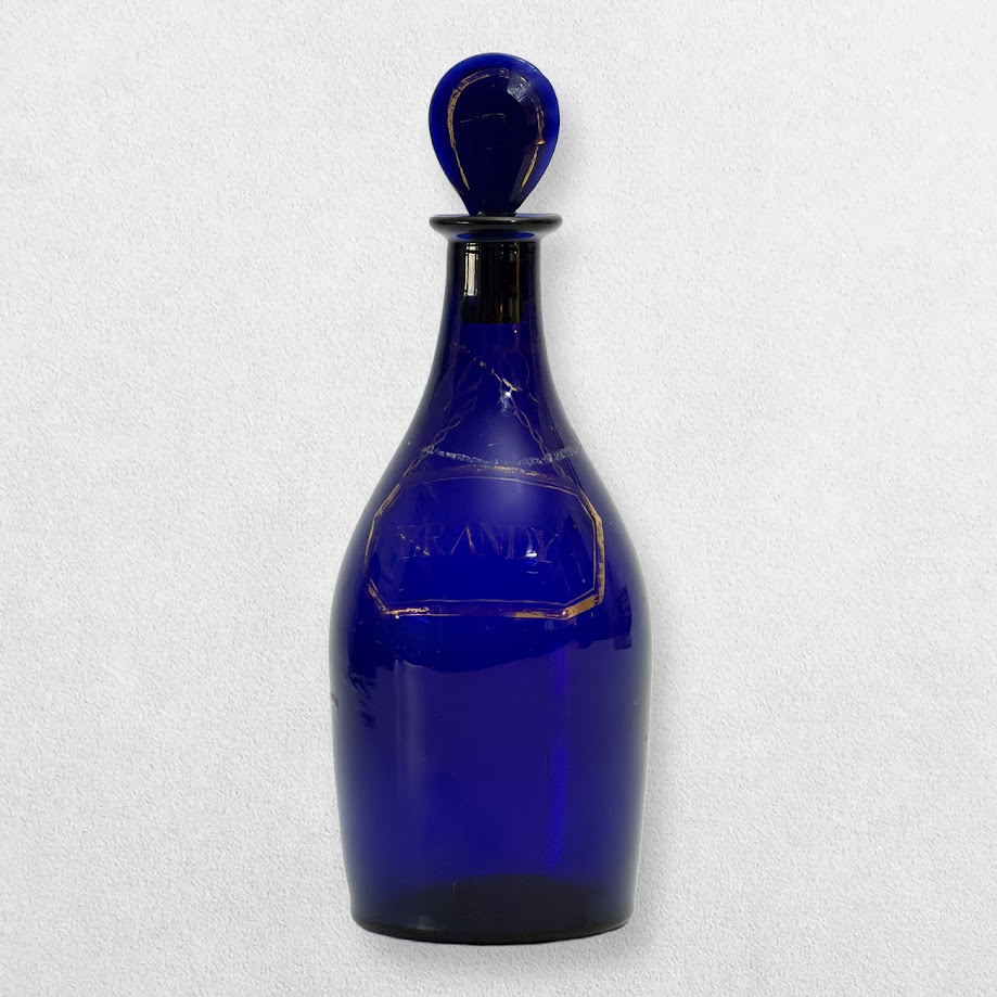 Victorian Cobalt Blue Glass Brandy Decanter with Gilt Decoration and Original Stopper 1 Victorian Cobalt Blue Glass Brandy Decanter with Gilt Decoration and Original Stopper