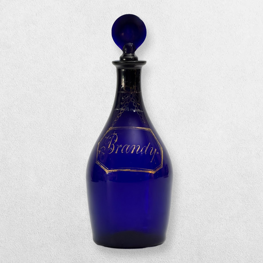 Victorian Cobalt Blue Glass Brandy Decanter with Gilt Label 1 Victorian Cobalt Blue Glass Brandy Decanter with Gilt Label