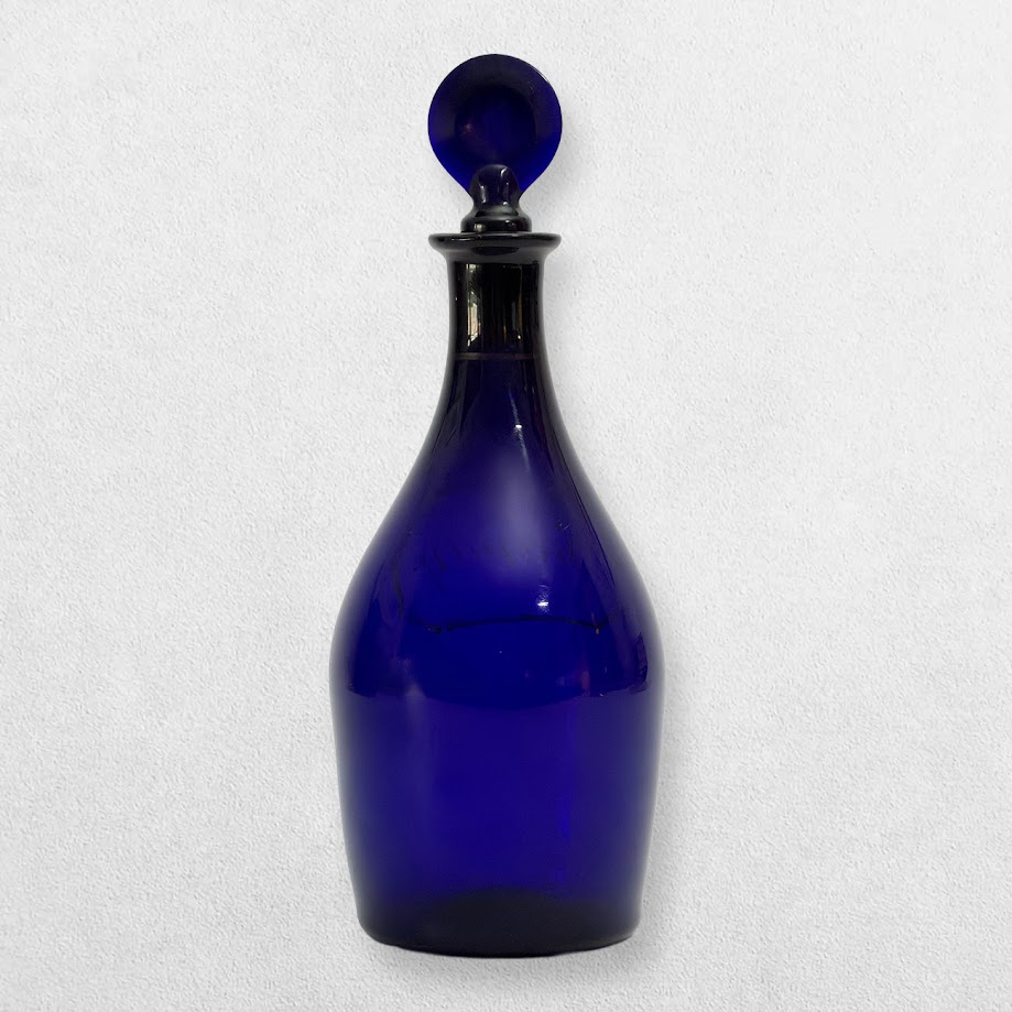 Victorian Cobalt Blue Glass Brandy Decanter with Gilt Label 2 Victorian Cobalt Blue Glass Brandy Decanter with Gilt Label