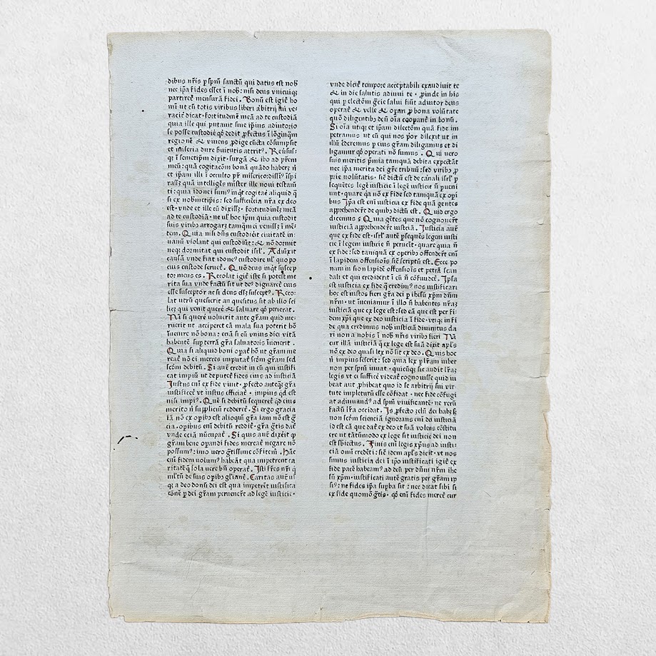 INCUNABLE LEAF - ST AUGUSTINE - EPISTLE 186 ON GRACE, FAITH & FREE WILL - FIRST PRINTED EDITION OF THE EPISTOLAE - JOHANN MENTELIN, STRASBOURG - NOT AFTER 1471 1 INCUNABLE LEAF - ST AUGUSTINE - EPISTLE 186 ON GRACE, FAITH & FREE WILL - FIRST PRINTED EDITION OF THE EPISTOLAE - JOHANN MENTELIN, STRASBOURG - NOT AFTER 1471