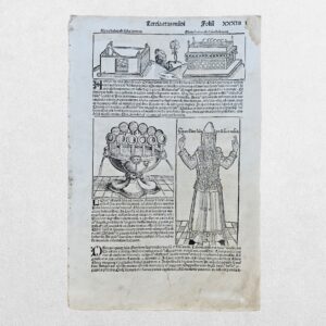 Home 1 HARTMANN SCHEDEL - NUREMBERG CHRONICLE - MENORAH, HIGH PRIEST, TABERNACLE & TABLETS OF THE LAW - ORIGINAL LATIN INCUNABLE WOODCUT LEAF – NUREMBERG - 1493