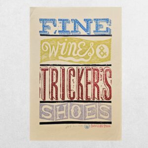 Jonny Hannah – Fine Wines and Tricker’s Shoes – Signed Limited-Edition Linocut 11/50 – Cakes & Ale Press – 2012