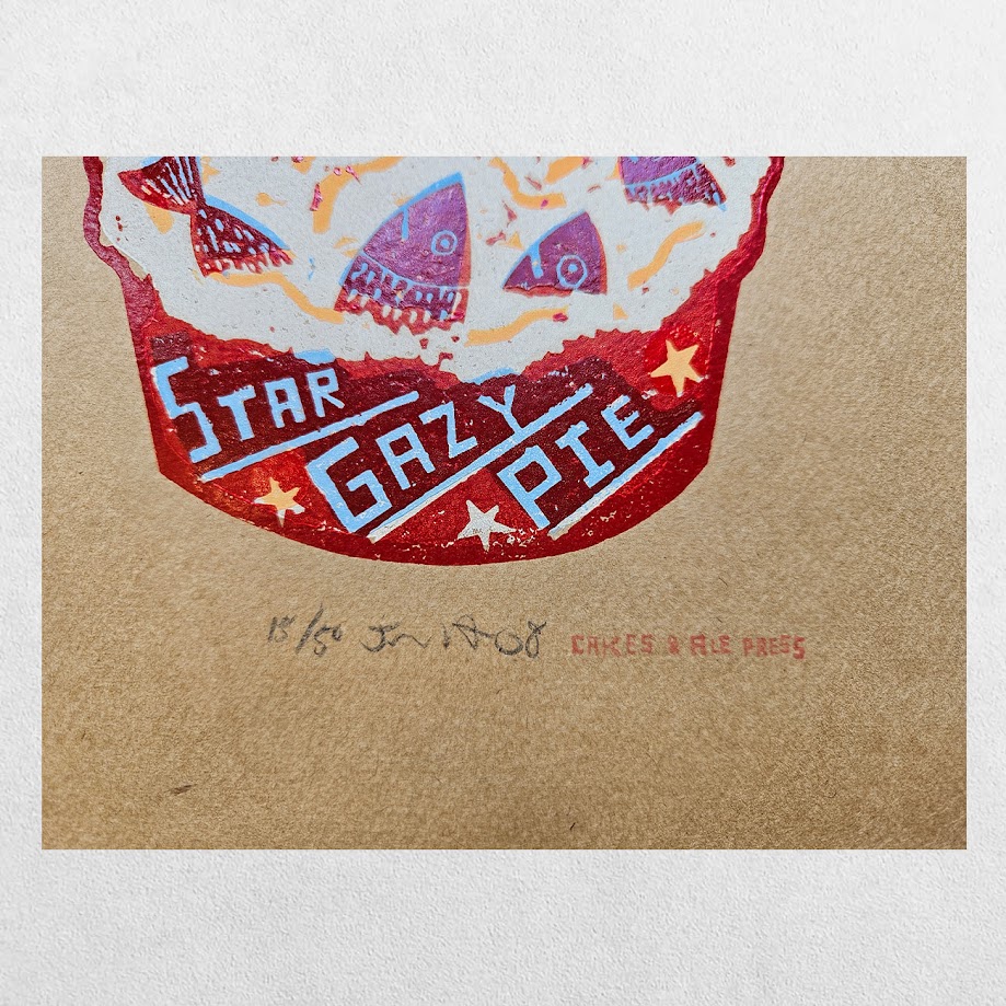 Jonny Hannah – Star Gazy Pie – Signed Limited Edition Linocut 15/50 – 2008 2 Jonny Hannah – Star Gazy Pie – Signed Limited Edition Linocut 15/50 – 2008
