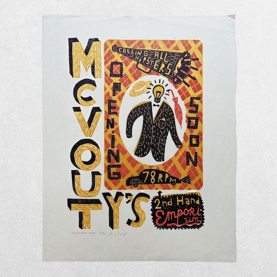 Jonny Hannah – McVouty’s 2nd Hand Emporium – Signed Limited Edition Linocut 13/50 – Cakes & Ale Press – 2008 1 Jonny Hannah – McVouty’s 2nd Hand Emporium – Signed Limited Edition Linocut 13/50 – Cakes & Ale Press – 2008
