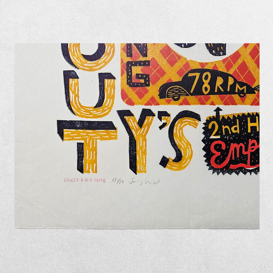 Jonny Hannah – McVouty’s 2nd Hand Emporium – Signed Limited Edition Linocut 13/50 – Cakes & Ale Press – 2008 2 Jonny Hannah – McVouty’s 2nd Hand Emporium – Signed Limited Edition Linocut 13/50 – Cakes & Ale Press – 2008