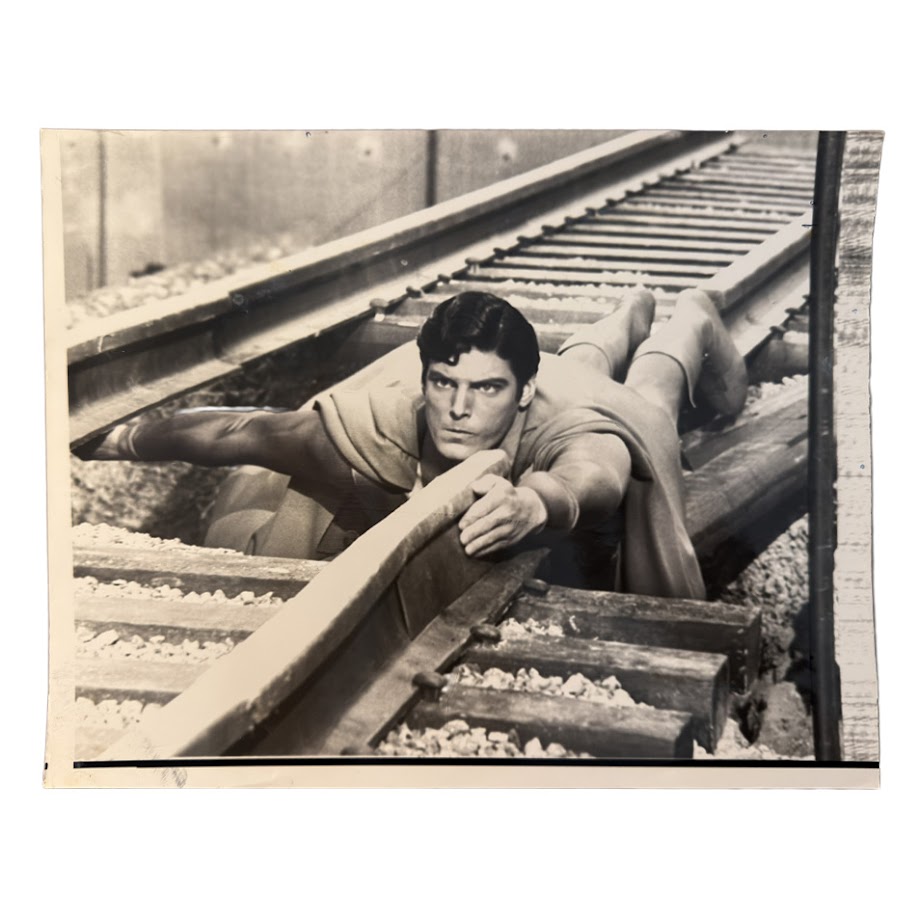 Christopher Reeve as Superman on the Railway Tracks - Original Press Wirephoto Issued One Day Before the UK Release of Superman - 13 December 1978 1 Christopher Reeve as Superman on the Railway Tracks - Original Press Wirephoto Issued One Day Before the UK Release of Superman - 13 December 1978